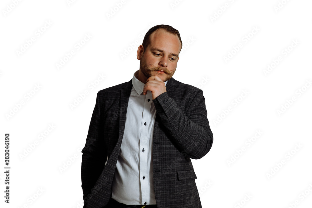Close up portrait of grinning trendy elegant wealthy professional flirty trendsetter hipster sharp dressed with mustache isolated on white background Close up portrait of grinning trendy elegant wealthy professional flirty trendsetter hipster sharp dressed with mustache isolated on white background