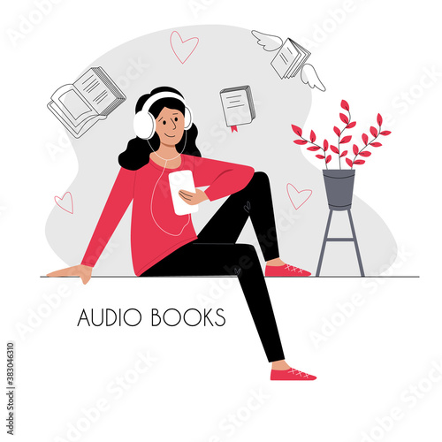 Girl listening audio book in headphones on a smartphone. Online e-learning library music e-learning language skills course concept. Flat cartoon character. Stock vector illustration for ui ux design