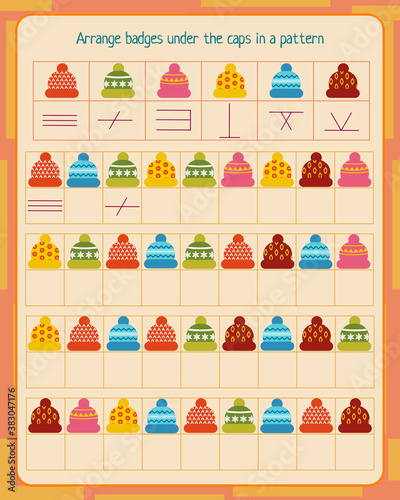 logic game for children. hats. fill in empty cells according to the pattern