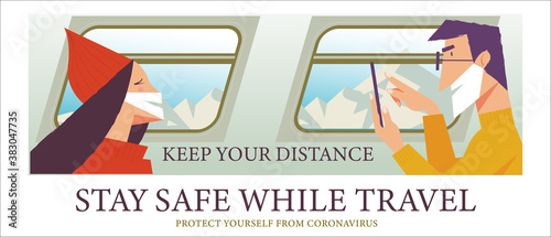 Stay safe while traveling. Vector poster encouraging people to wear masks.