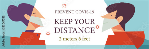 Keep your distance. Vector poster encouraging people to wear masks and keep a social distance during the coronavirus pandemic