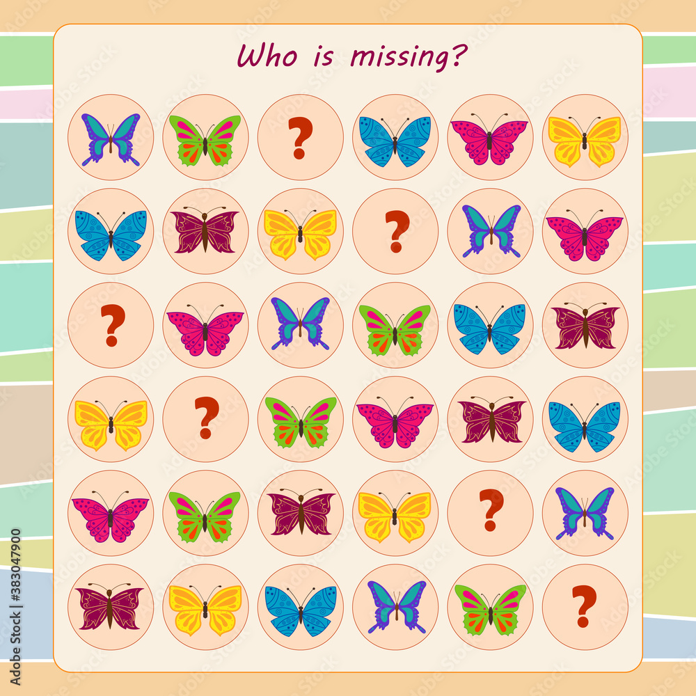 Logic game for children. Guess who's missing on every line Logic game for children. Guess who's missing on every line