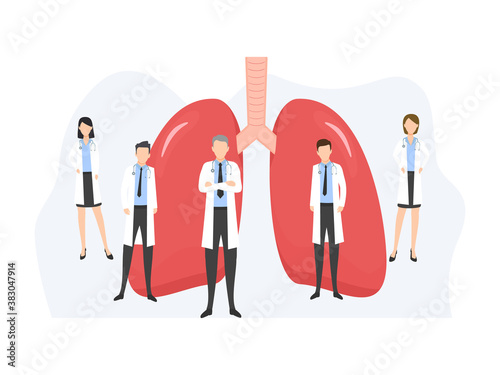 Human color lungs shape in flat style vector illustration isolated on white background. Medical poster with human organ and doctors.