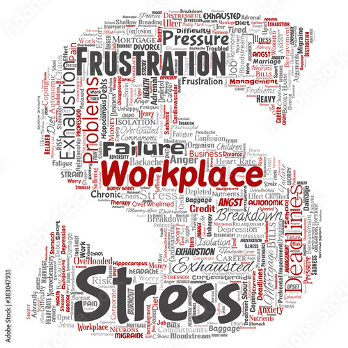 Vector conceptual mental stress at workplace or job pressure human letter font S word cloud isolated background. Collage of health, work, depression problem, exhaustion, breakdown, deadlines risk