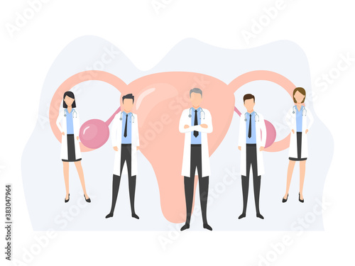 Women health medical gynecology concept. Female reproduction system shape in flat style vector illustration. Medical poster with human organ and doctors.