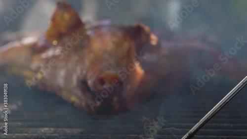 Slow motion of crispy roasted piglet which are being grilled on barbecue. Close up of delicious whole pig over on BBQ grill, Home cooking. Chef cooking tasty pork in backyard.-Dan photo