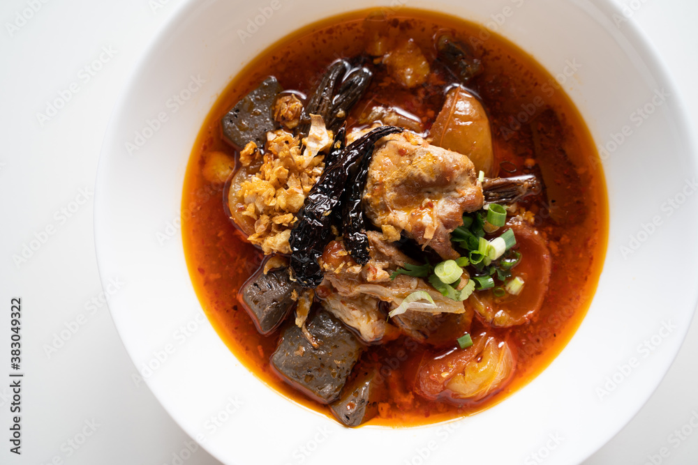 Nam Ngiao Rice Noodle, Traditional spicy rice noodle soup with Spicy Pork Sauce from Northern of Thailand Nam Ngiao Rice Noodle, Traditional spicy rice noodle soup with Spicy Pork Sauce from Northern of Thailand