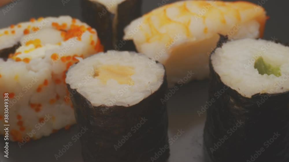 Sushi on the plate with camera motion macro footage