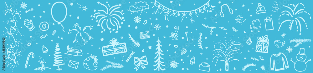 Monochrome holiday background. Hand drawn colorful xmas elements. Abstract holiday signs and objects on pattern. Happy New Year