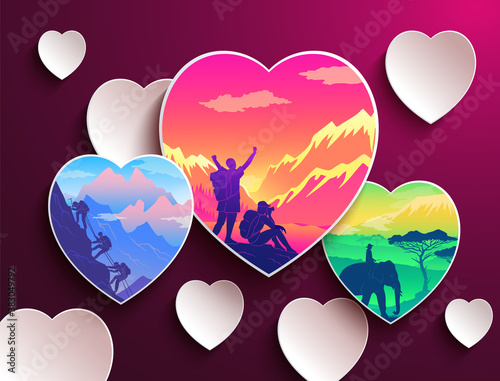 People love traveling. Heart shapes with silhouettes of tourists. People hiking at mountain. Traveler with backpack and man with camera conquer peak of mountain Man travel riding at elephant in Africa