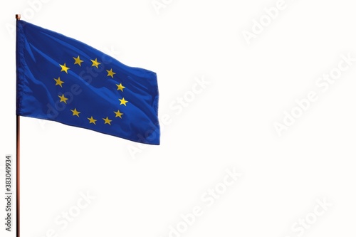 Fluttering European Union isolated flag on white background, mockup with the space for your content.