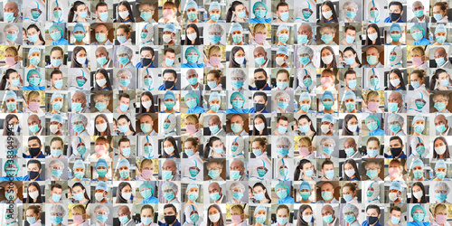 Panorama Collage Menschen und Ärzte mit Mundschutz