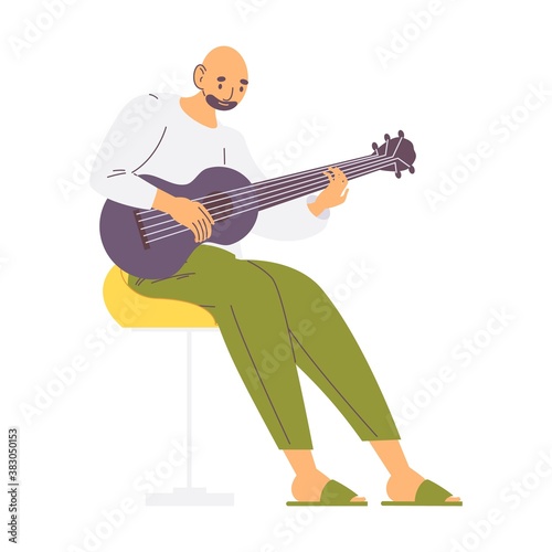 Bald man playing guitar. Home casual clothes. Isolated on white musician character
