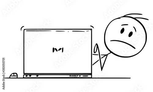 Vector cartoon stick figure drawing conceptual illustration of sad or frustrated man, office worker or businessman typing on computer and looking from behind laptop.