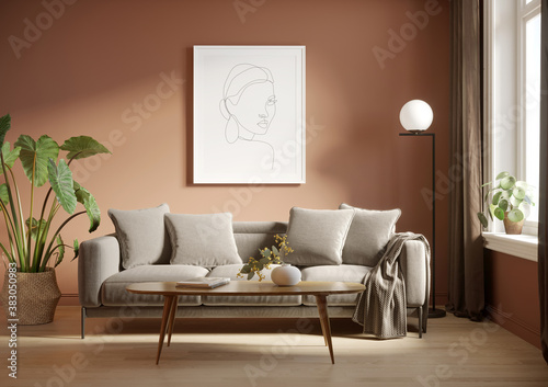 Fototapeta Naklejka Na Ścianę i Meble -  3d render of a grungy pale red room with a grey sofa an art canvas and many plants and flowers	
