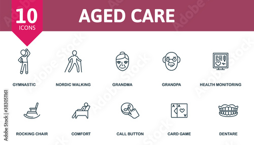 Schooling icon set. Collection contain grandpa, grandma, nordic walking, health monitoring and over icons. Schooling elements set.