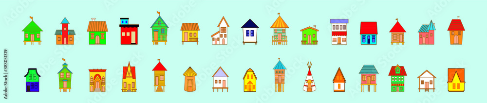 set of shack or huts cartoon icon design template with various models. vector illustration isolated on blue background