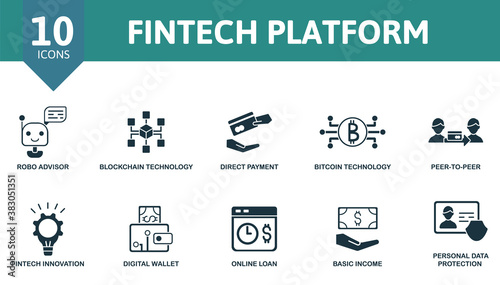 Fintech Platform icon set. Collection contain direct payment, robo advisor, blockchain technology, peer-to-peer and over icons. Fintech Platform elements set.