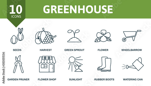 Greenhouse icon set. Collection contain green sprout, seeds, wheelbarrow, harvest and over icons. Greenhouse elements set.