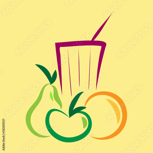 vector illustration symbolic image of healthy food apple, orange, pear and glass with juice on the background drawn in minimalism style