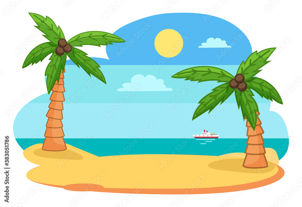 Tropical exotic view with island, shore or beach and palm trees, sea or ocean with ship, skyline and sun, travel or journey to exotic country, leisure time, holidays, season for swimming, summertime