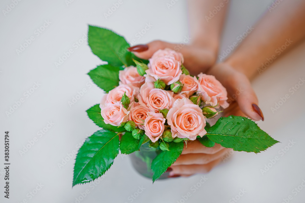 small bouquet of pink roses in hands on a light background