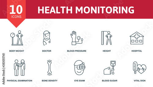Health Monitoring icon set. Collection contain hospital, doctor, blood pressure, body weight and over icons. Health Monitoring elements set