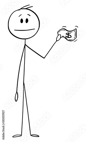 Vector cartoon stick figure drawing conceptual illustration of customer, client,man or businessman holding cash dollar bill or banknote ready to buy or pay for goods or service.