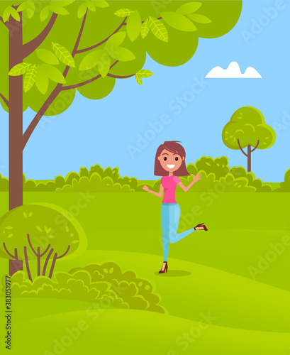 Young smiling girl wearing pink t-shirt and jeans, stylish shoes at heels. Fashionable woman with bob hairstyle walking in green park. Cheerful girl posing, rejoice recreation. Summer nature