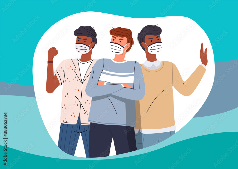 Young mix race guys wearing face medical masks protesting against world epidemic at turquoise vector background, stop and fight gesture. Stop spreading virus. Cartoon characters in flat style
