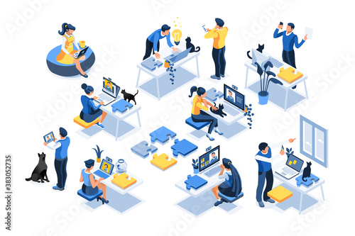 Online work on internet, girl sitting relaxing on computer, sitting on desk. Girl workplace, internet conference, work in remote online desktop. Remote conference workplace, desk and computer. Vector.
