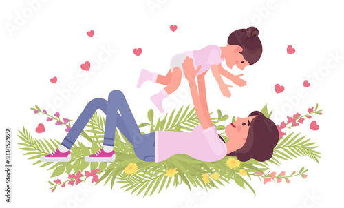 Mom and baby daughter, mother throwing, tossing child. Happy motherhood, female health, parent playing with her small kid. Vector flat style cartoon illustration, floral summer and spring background