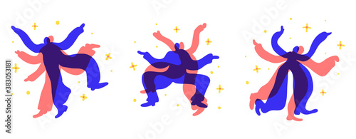 Performance vector illustration. Abstract performers are dansing and making show.