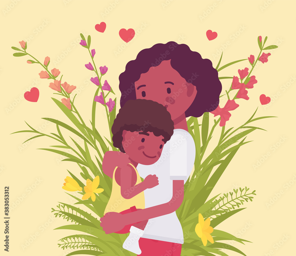 Mom, baby son, female health in happy black family. Mother hugging child, emotional bonds, love, motherhood beauty in good relationships. Vector flat style cartoon illustration, floral spring design