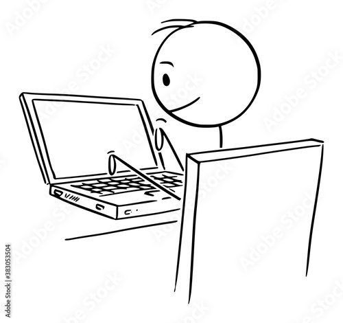 Vector cartoon stick figure drawing conceptual illustration of man,office worker or blogger writing, typing or writing on computer laptop.