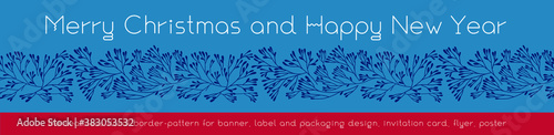 Panoramic Christmas floral banner template of wallpaper background. Winter sale with seamless floral pattern. New Year seasonal celebration greeting card. Pinecone Xmas branches and isolated leaves.