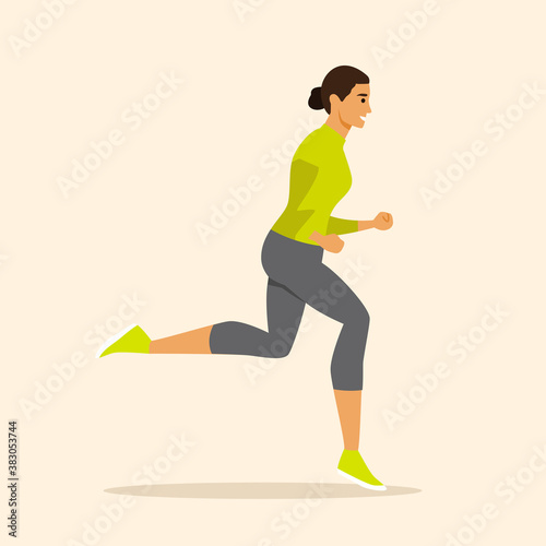 Running girl. Woman running with sports outfit isolated on background. Side view vector illustration