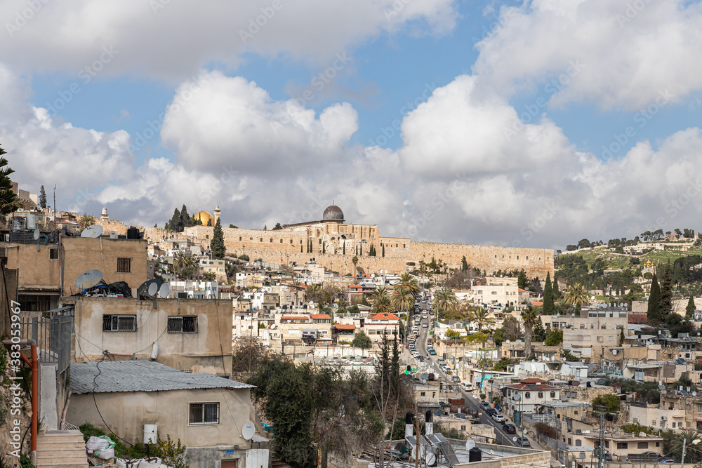 View of the old city of Jerusalem and the Temple Mount from the Abu Tor district of Jerusalem city in Israel
