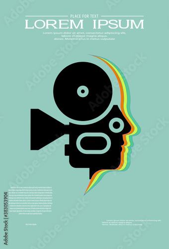 Template for festival retro cinema. Silhouette of cinema projector inside human head. Vintage film design with place for your text for festival, banner, flyer, leaflet, poster. Movie time concept.