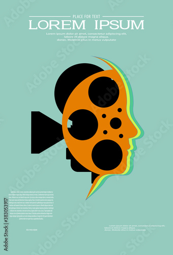 Retro cinema background. Silhouette of old videoprojector and film reel inside human head. Movie design template with place for your text for festival, banner, flyer, leaflet, poster. Film concept.