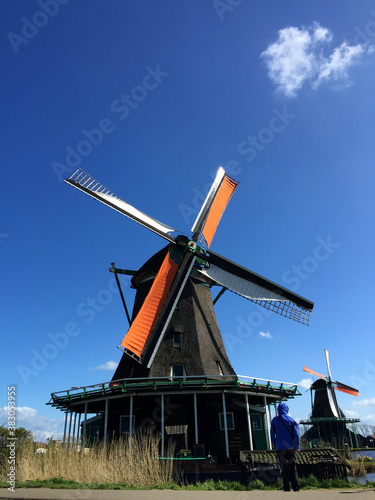 dutch historic windmills at blue sky, in Zaanse Schans, North Holland, Netherlands