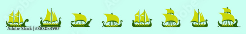 Set of viking ship cartoon icon design template with various models. vector illustration isolated on blue background