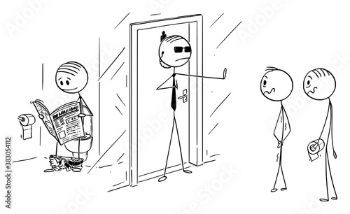 Vector cartoon stick figure drawing conceptual illustration of politician or celebrity sitting on public toilet or lavatory and reading newspapers, bodyguard or secret agent is guarding door.