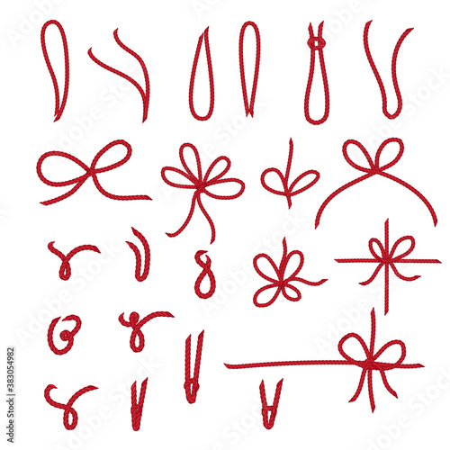 Christmas twine bows and rope set for price tags, gift cards twine bows set, Label paper, sale design, tring knot. Vector illustration.