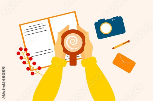 Vector illustration of a woman drinking a cup of coffee. Tea-coffee-break, mug cup, table top view. Autumn cute illustration with cute elements.