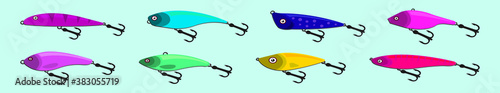 Set of fishing lure cartoon icon design template with various models. vector illustration isolated on blue background