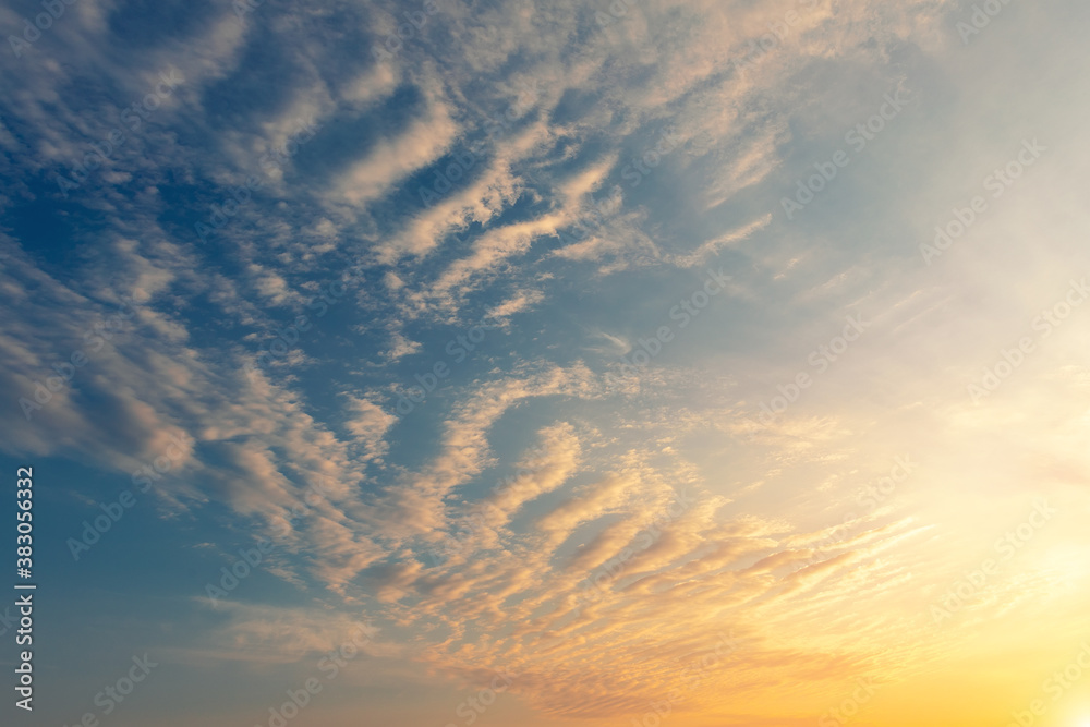 Obraz premium Dramatic colorful red purple to blue sunset or sunrise sky landscape. Natural beautiful cloudscape dawn background wallpaper. Stormy windy nature twilight dusk scene panorama