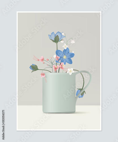 Poster design, flower arrangement in light green coffee cup