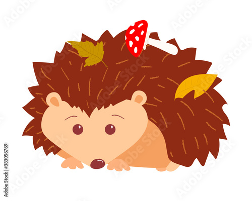 Cute hedgehog with mushroom and autumn leaves on his back.. Cartoon style. Vector