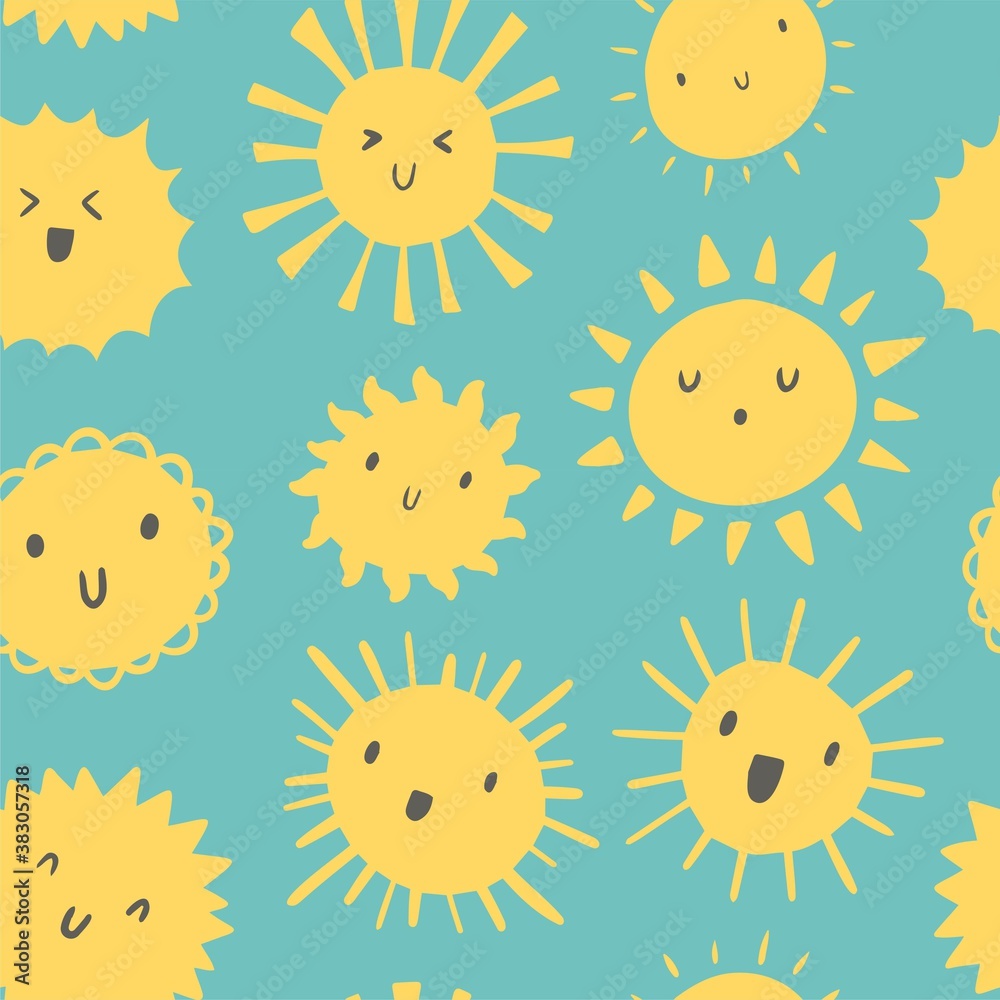 Cute yellow suns seamless pattern. Childish background with smiling sun Cute yellow suns seamless pattern. Childish background with smiling sun